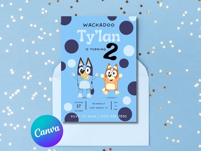 Bluey Birthday Party Invitation, Blue Bluey Invitation, Birthday Boy Blue Bluey Invitation, Canva Editable Bluey Invitation Template image 1
