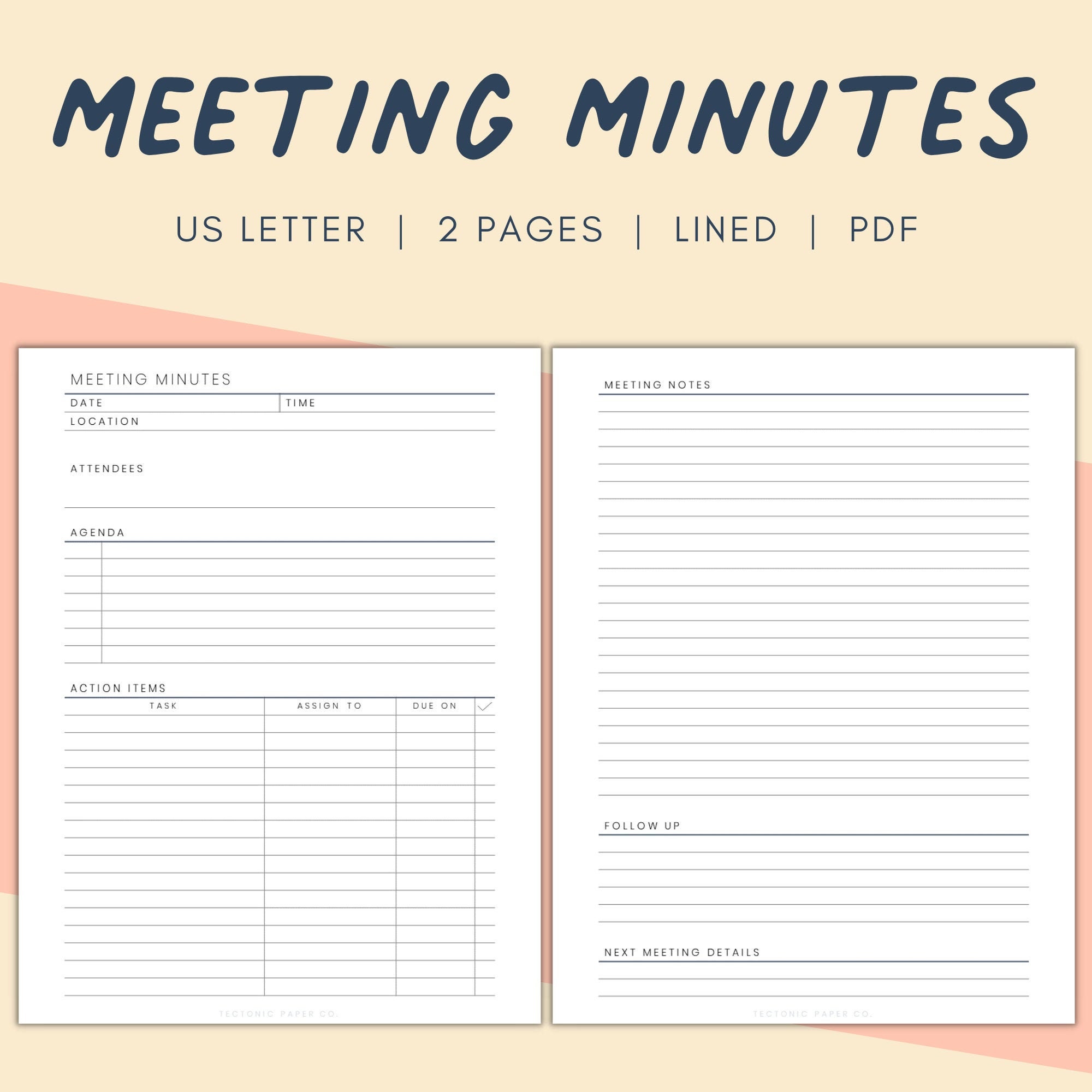 Meeting Notes Notepad With Agenda, Attendees, Notes, and Action