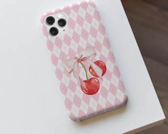 Cherry Argyle Slim Phone Case, Cherry Pink Coquette Thin iPhone Case, Cute Case, Soft Girl Aesthetic, Feminine Accessories, Phone Gifts