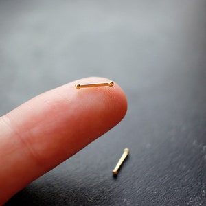 Een wijsvinger met daarop een heel kleine oorbel. De oorbel is goud en bestaat uit een staafje met twee mini bolletjes aan de uiteindes.