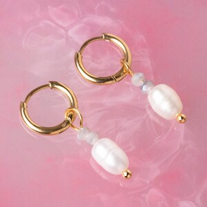 Gold Hoops with Beads and Pearl image 3