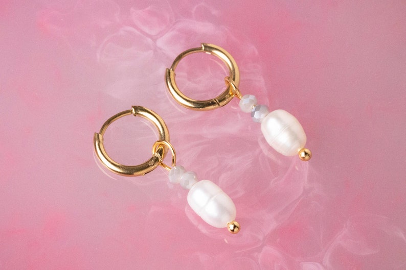 Gold Hoops with Beads and Pearl image 3