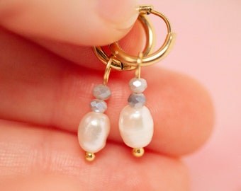 Gold Hoops with Beads and Pearl