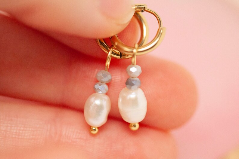 Gold Hoops with Beads and Pearl image 1