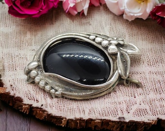 Onyx brooch 925 silver 37 x 24 mm vintage accessories grandma gift silver brooch