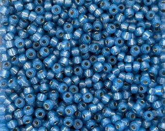 May include: A close-up view of a container filled with small, light blue glass beads. The beads have a subtle shimmer and are uniform in size and shape.