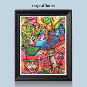May include: A colorful, psychedelic illustration of Alice in Wonderland characters. Alice is sitting on a mushroom with the Cheshire Cat, the Mad Hatter, and the White Rabbit. The background is a swirling mix of green, yellow, and pink.