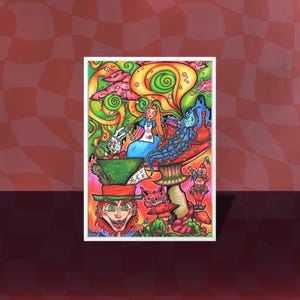 May include: A colorful illustration of Alice in Wonderland characters, including Alice, the Mad Hatter, the Cheshire Cat, and the White Rabbit. The illustration is done in a psychedelic style with bright colors and swirling patterns.