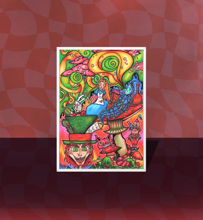May include: A colorful illustration of Alice in Wonderland characters, including Alice, the Mad Hatter, the Cheshire Cat, and the White Rabbit. The illustration is done in a psychedelic style with bright colors and swirling patterns.