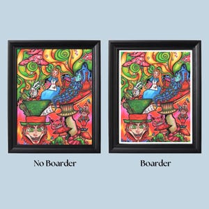 May include: A psychedelic illustration of Alice in Wonderland characters, including Alice, the Mad Hatter, the Cheshire Cat, and the White Rabbit. The characters are depicted in a whimsical and colorful style, with vibrant colors and swirling patterns. The illustration is framed in a black frame.