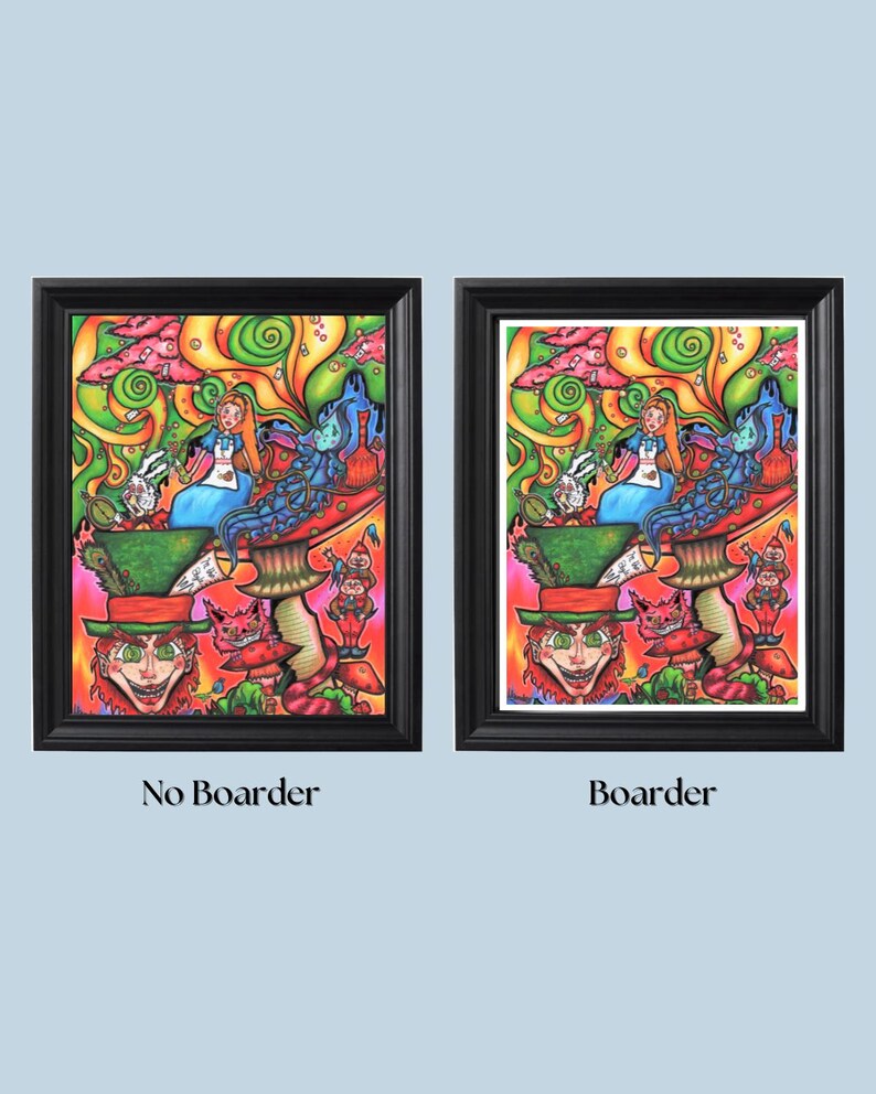 May include: A psychedelic illustration of Alice in Wonderland characters, including Alice, the Mad Hatter, the Cheshire Cat, and the White Rabbit. The characters are depicted in a whimsical and colorful style, with vibrant colors and swirling patterns. The illustration is framed in a black frame.
