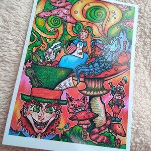 May include: A psychedelic illustration of characters from Alice in Wonderland. The Mad Hatter is in the foreground with a wide grin and green eyes. Alice is sitting on a mushroom with the Cheshire Cat and the White Rabbit. The background is a swirling, colorful pattern.
