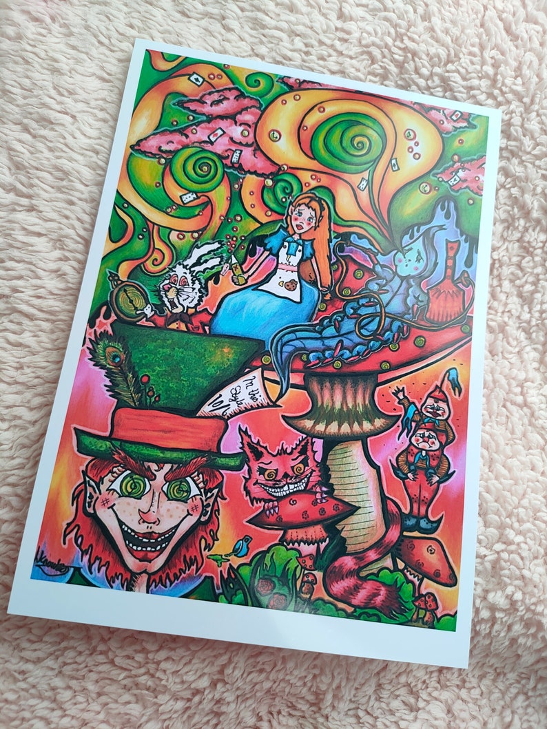 May include: A psychedelic illustration of characters from Alice in Wonderland. The Mad Hatter is in the foreground with a wide grin and green eyes. Alice is sitting on a mushroom with the Cheshire Cat and the White Rabbit. The background is a swirling, colorful pattern.
