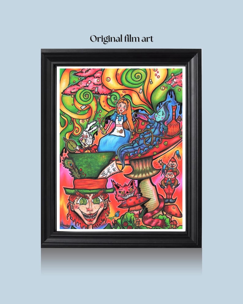 May include: A colorful, psychedelic illustration of Alice in Wonderland characters. Alice is sitting on a mushroom with the Cheshire Cat, the Mad Hatter, and the White Rabbit. The background is a swirling mix of green, yellow, and pink.