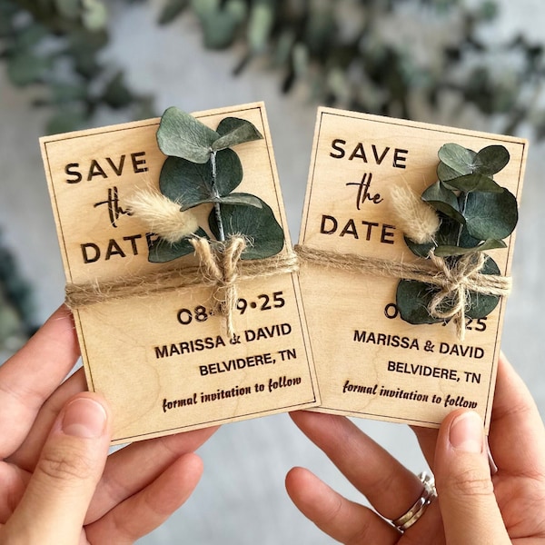 Gepersonaliseerde eucalyptusbewaarmagneten bruiloft bedankjes, berkenhout bewaar deze datum cadeaus, houten bloemen bewaar deze datum bruiloft magneten