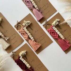 These keychains are custom made. The thread I use in the macrame keychain is 100% cotton. The knitting is made tight and regular. The flowers are specially shocked and do not rot. 
The beads I use for personalized names are 100% wood and natural.