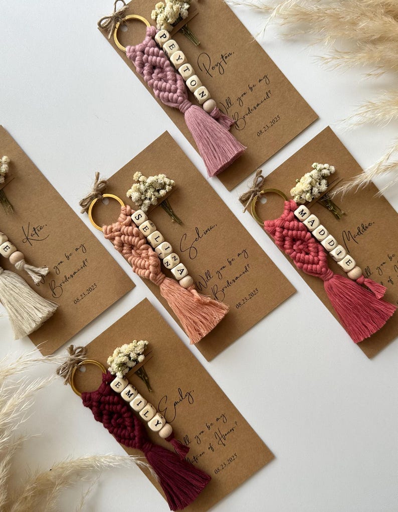 These keychains are custom made. The thread I use in the macrame keychain is 100% cotton. The knitting is made tight and regular. The flowers are specially shocked and do not rot. 
The beads I use for personalized names are 100% wood and natural.
