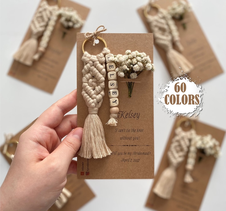 These keychains are custom made. The thread I use in the macrame keychain is 100% cotton. The knitting is made tight and regular. The flowers are specially shocked and do not rot. 
The beads I use for personalized names are 100% wood and natural.