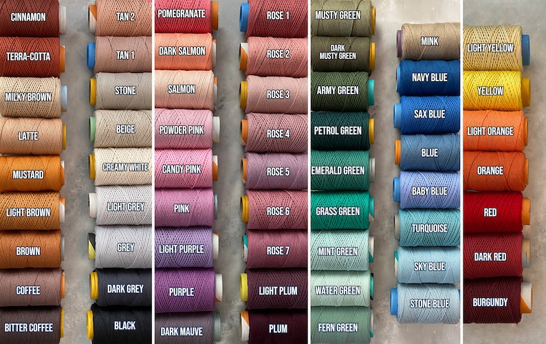 May include: A collection of 48 spools of embroidery floss in various colours, including cinnamon, terracotta, milky brown, latte, mustard, light brown, brown, coffee, bitter coffee, tan 2, tan 1, stone, beige, creamy white, light grey, grey, dark grey, black, pomegranate, dark salmon, salmon, powder pink, candy pink, pink, light purple, purple, dark mauve, rose 1, rose 2, rose 3, rose 4, rose 5, rose 6, rose 7, light plum, plum, musty green, dark musty green, army green, petrol green, emerald green, grass green, mint green, water green, fern green, mink, light yellow, yellow, light orange, orange, red, dark red, burgundy, navy blue, sax blue, blue, baby blue, turquoise, sky blue, stone blue.