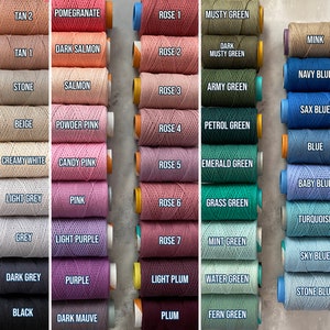 May include: A collection of 48 spools of embroidery floss in various colors, including cinnamon, terra-cotta, milky brown, latte, mustard, light brown, brown, coffee, bitter coffee, tan 2, tan 1, stone, beige, creamy white, light grey, grey, dark grey, black, pomegranate, dark salmon, salmon, powder pink, candy pink, pink, light purple, purple, dark mauve, rose 1, rose 2, rose 3, rose 4, rose 5, rose 6, rose 7, light plum, plum, musty green, dark musty green, army green, petrol green, emerald green, grass green, mint green, water green, fern green, mink, light yellow, yellow, light orange, orange, red, dark red, burgundy, navy blue, sax blue, blue, baby blue, turquoise, sky blue, stone blue.