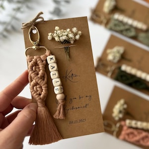 Boho Bridesmaid Gifts, Flower Girl Proposal Gifts, Keychain Macrame With Card and Flowers, Maid Matron of Honor Gifts, Tie The Knot Gifts
