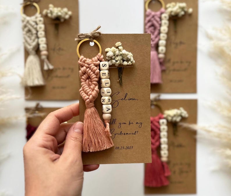 These keychains are custom made. The thread I use in the macrame keychain is 100% cotton. The knitting is made tight and regular. The flowers are specially shocked and do not rot. 
The beads I use for personalized names are 100% wood and natural.