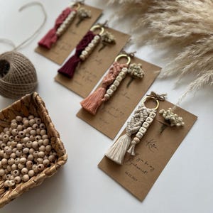 These keychains are custom made. The thread I use in the macrame keychain is 100% cotton. The knitting is made tight and regular. The flowers are specially shocked and do not rot. 
The beads I use for personalized names are 100% wood and natural.