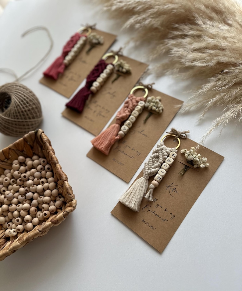 These keychains are custom made. The thread I use in the macrame keychain is 100% cotton. The knitting is made tight and regular. The flowers are specially shocked and do not rot. 
The beads I use for personalized names are 100% wood and natural.