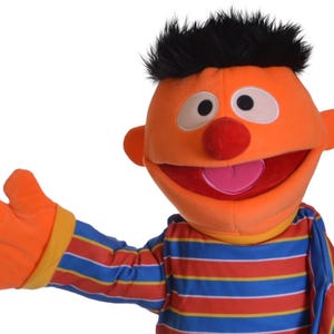 May include: Orange and red striped puppet with a black hairpiece, a red nose, and a big smile. The puppet is wearing a blue and red striped shirt.