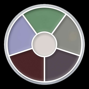 Pode incluir: Uma paleta de maquiagem redonda com seis seções de cores diferentes. As seções são dispostas em círculo em torno de uma seção central branca. As cores são verde, roxo, cinza, marrom, roxo e cinza.