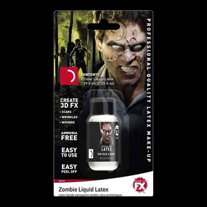 May include: A clear plastic bottle of zombie liquid latex for creating 3D special effects. The bottle is labeled "Ammonia Free" and "Easy to Use". The bottle contains 29.5 ml (1 US fl oz) of latex.