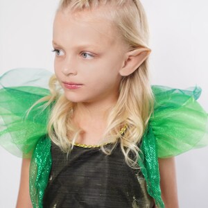 May include: A young girl wearing a green and gold costume with pointed ears. She has blonde hair braided across the top of her head.