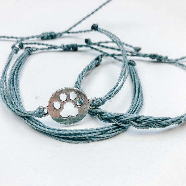 Paws in Palms | Dog Bracelet Three Pack | Pura Vida Style Paw Print Bracelets | Waxed Cord Bracelet Dog/Cat Paw Print Three Pack Blue