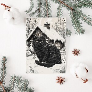 Tarjeta navideña con gato de Yule, postal imprimible con animales del solsticio de invierno, impresión de folclore islandés de festividad pagana, tarjeta de felicitación navideña alternativa
