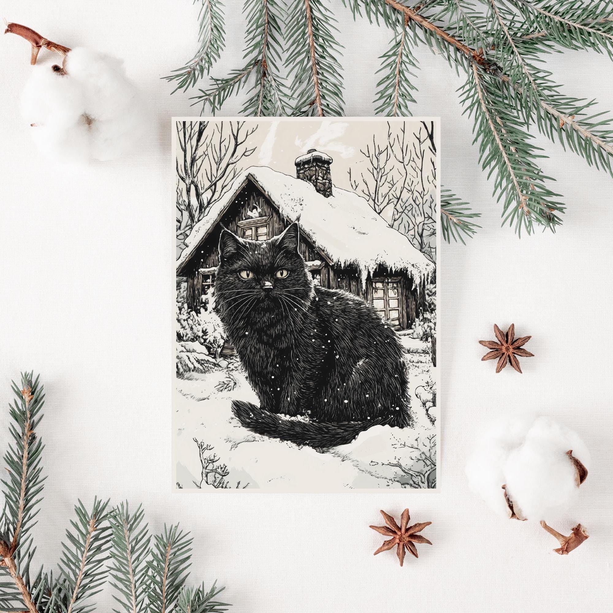 Yule Cat Christmas Card, Printable Winter Solstice Animal Postcard, Pagan Holiday Icelandic Folklore Print, Alternative Xmas Greeting Card