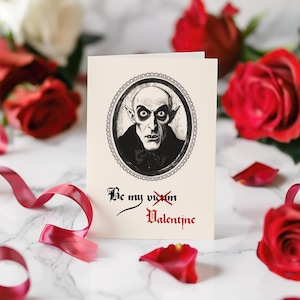 Vampir Valentinstag Karte, druckbare klassische Horror Liebe Postkarte, Alternative Dark Romance Grußkarte, einzigartige Paare Jahrestagsgeschenk