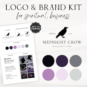Logotipo de pájaro de negocios brujos, kit de marca oscura y melancólica con logotipo de cuervo, tablero de marca espiritual negro y morado, plantilla de Canva editable