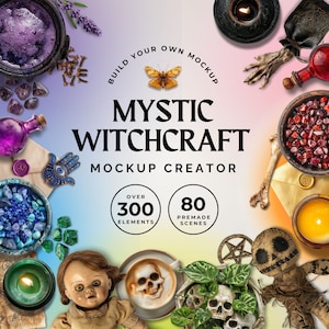 Scene Creation Elements Witchcraft, Canva Template mit Esoteric & Occult Transparent PNG, Witchy Orakel Deck und Tarot Karten Flatlay Mockup