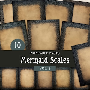 Journal de la jonque sirène sombre, pages vierges du grimoire de sorcière de la mer, bordures d'écailles noires mystiques, paquet de papier imprimable de scrapbooking numérique de fantaisie