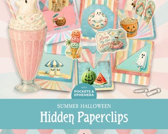 Summer Halloween Hidden Paperclips, Printable Spooky Beach Loaded Pockets Project, Summerween Scrapbooking & Junk Journal Ephemera (JJ006)