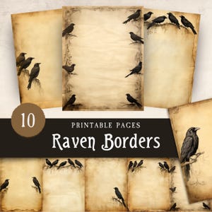 Gothic Raven Borders Junk Journal, mystieke zwarte vogels grimoirepagina's, Witchy Crows blanco afdrukbaar digitaal papier, humeurig scrapbookingpakket