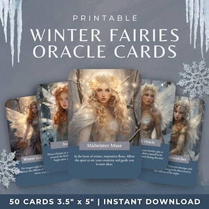 Baraja de oráculo de hadas de invierno, cartas imprimibles con hadas de hielo y bosques nevados, cartas de oráculo de hadas místicas, herramienta de adivinación de espíritus estacionales