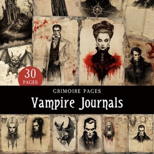 May include: A digital download of 30 printable pages featuring gothic and vampire themed illustrations. The pages are designed for use in journals, grimoires, or other creative projects. The illustrations include a vampire, a bat, a castle, and other spooky imagery.