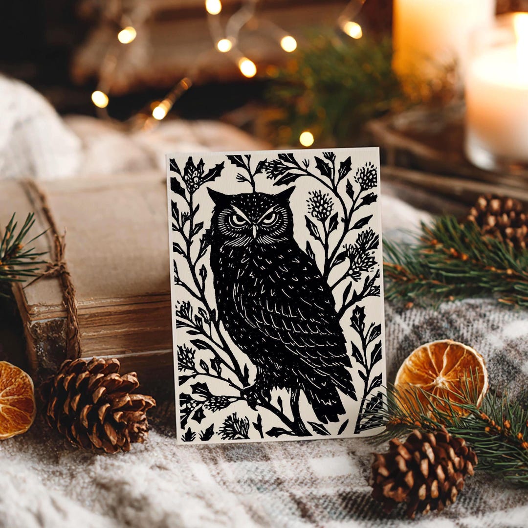 Yule Owl Greeting Card, Printable Winter Solstice Woodland Postcard ...