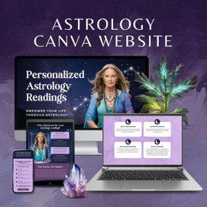 Op de afbeelding: Een website ontwerp voor een astrologie leesservice. De website wordt weergegeven op een laptop, een desktopcomputer en een smartphone. De website biedt een verscheidenheid aan astrologie lezingen, waaronder geboortehoroscoop lezingen, astrocartografie, zonneterugkeer lezingen en kopplezingen. De website bevat ook een foto van een vrouw met een warme, uitnodigende glimlach.