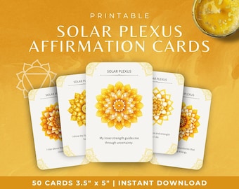 May include: Printable Solar Plexus Affirmation Cards. The cards feature a yellow and orange floral design. The text on the cards reads "Solar Plexus" and affirmations such as "My inner strength guides me through uncertainty." The cards measure 3.5" x 5".