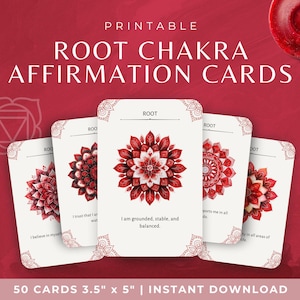 Chakra-affirmatie-healingskaarten, afdrukbare meditatiehulpmiddelen voor energetische healing, muladhara-wortelchakra balancerend dek, spirituele oefening
