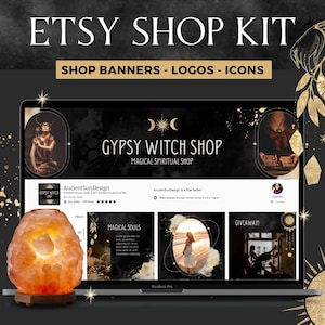Etsy Shop Kit with witchy banner. Branding pack for Etsy sellers. Editable Canva Template set of store graphics. Gothic black & gold design