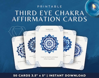May include: A stack of five white affirmation cards with blue mandala designs and the words "THIRD EYE CHAKRA AFFIRMATION CARDS" printed on them. The cards are 3.5" x 5" and feature affirmations. A lit blue candle is in the upper right corner.