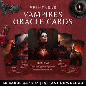 Jeu de cartes Oracle Vampires, cartes imprimables effrayantes avec Dracula et chauves-souris, cartes Oracle sombres occultes d'Halloween, outil divinatoire fantastique gothique sombre